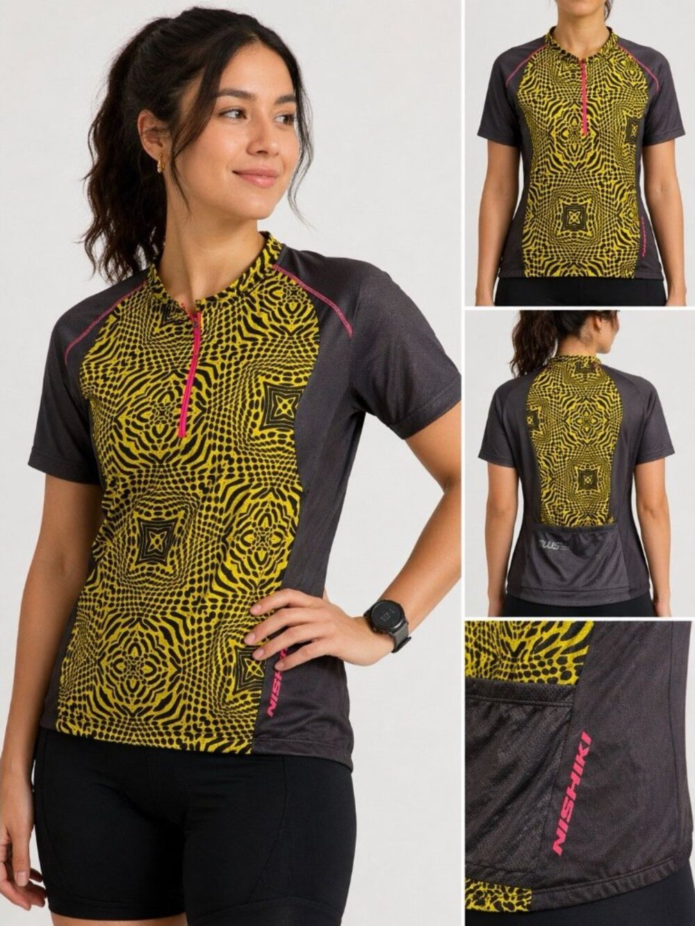 Nishiki Cycling Jersey Womens Large Yellow Black 1/2 Zip Bike Shirt